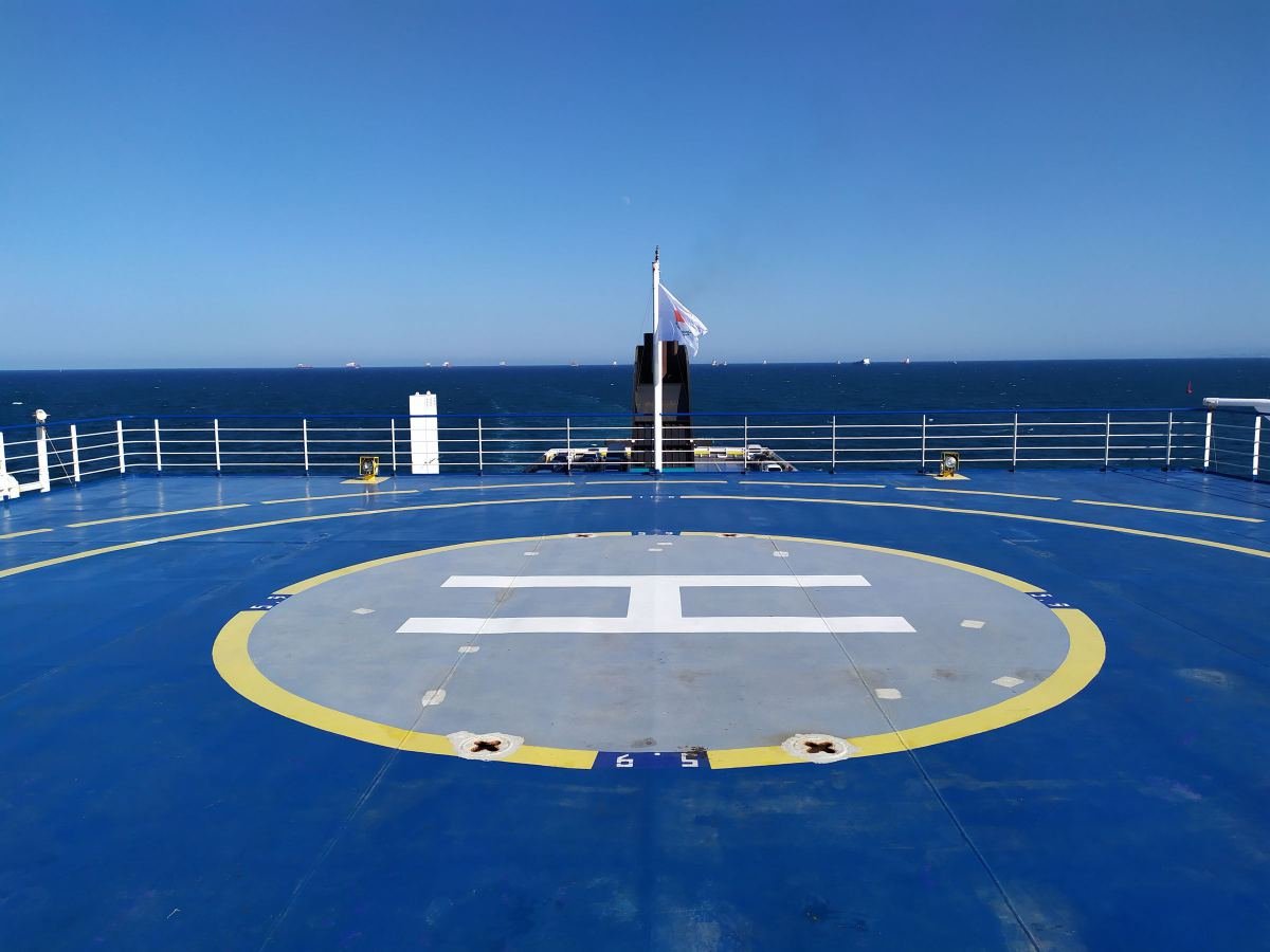 Helideck markings on the deck of a vessel at sea