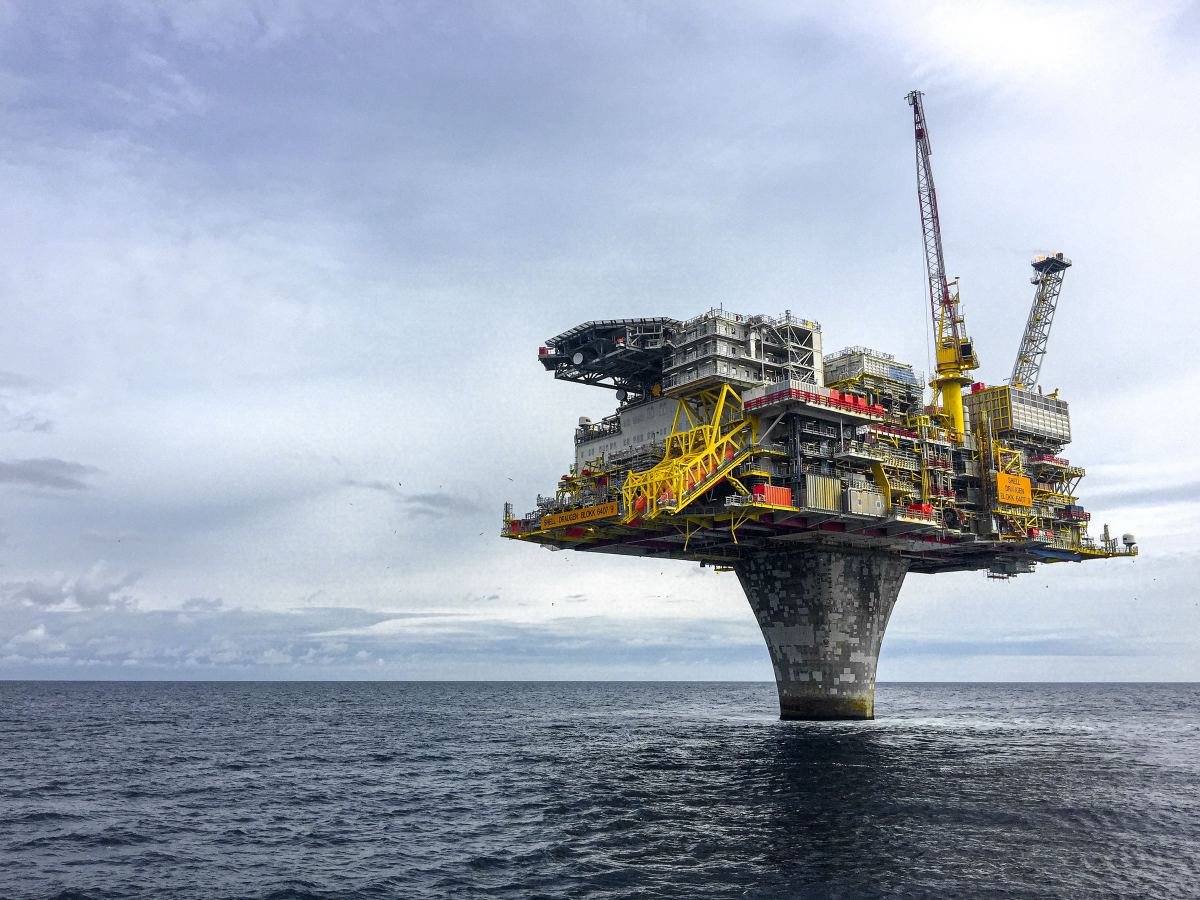 Offshore production platform with its helideck, standing in open water